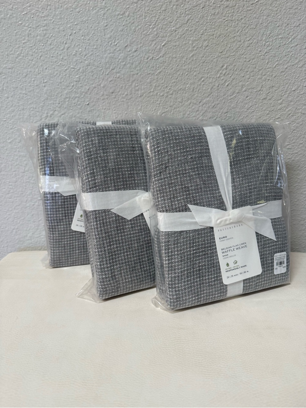 NWT SET OF 3 Pottery Barn Belgian Flax Linen Waffle Weave Euro Shams Light Gray